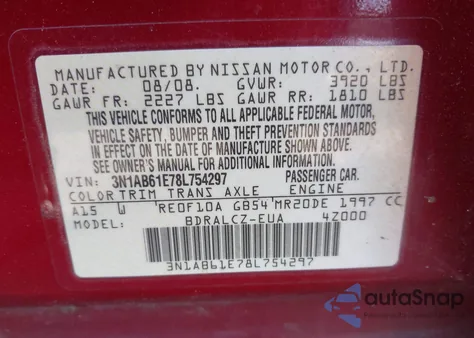2008 Nissan Sentra 2.0 from USA, damaged, VIN 3N1AB61E78L754297
